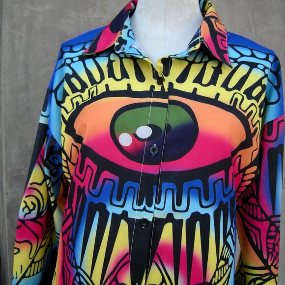 Super Colorful Size LARGE Ethnic EYE Print Tunic Shirt Modern Art Boho Top - Picture 7 of 7